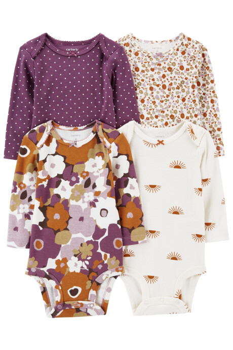 Pack cuatro bodies de algodón, manga larga, diseño floral Pack cuatro bodies de algodón, manga larga, diseño floral