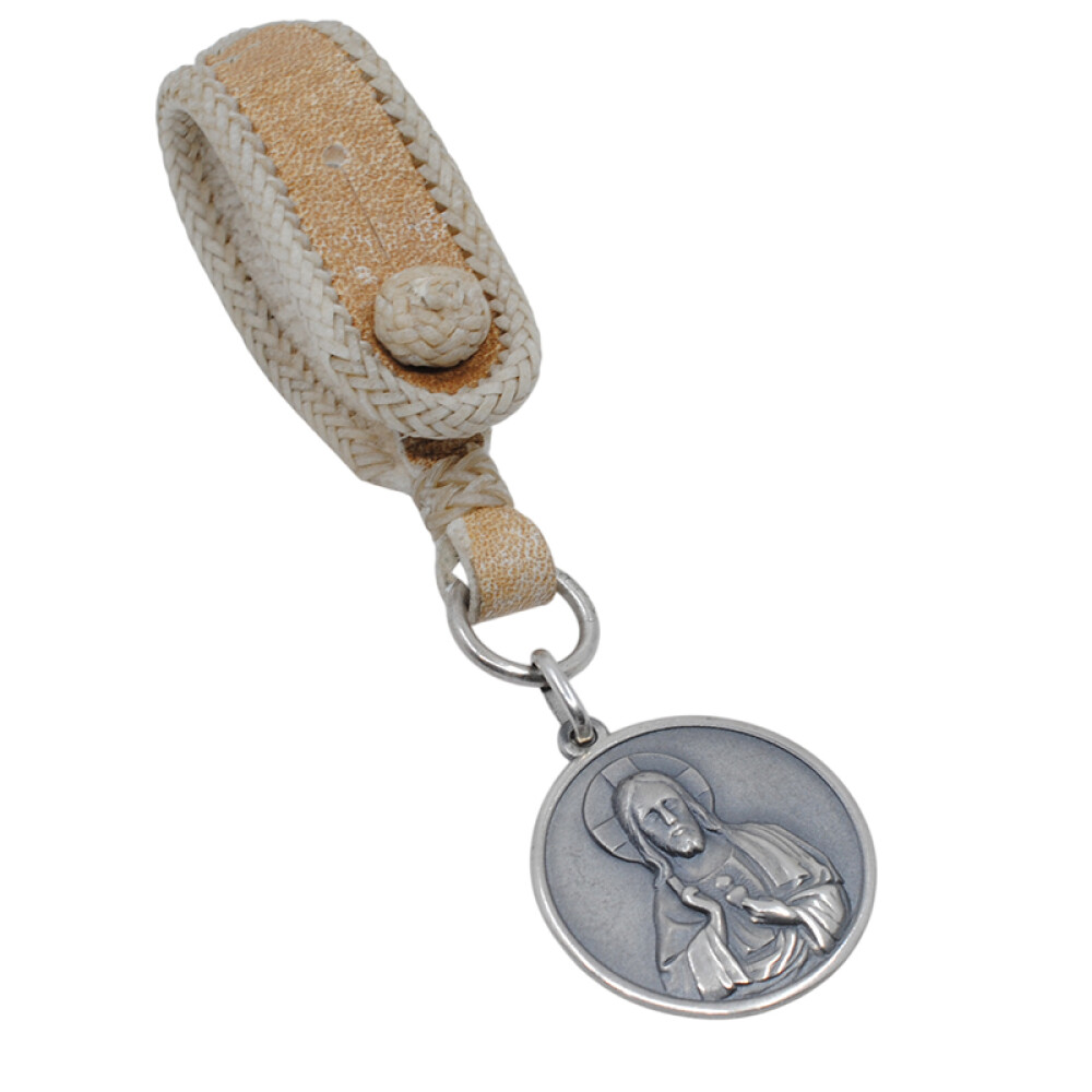 Llavero en cuero con medalla de plata 925 Sagrado Corazón Llavero en cuero con medalla de plata 925 Sagrado Corazón