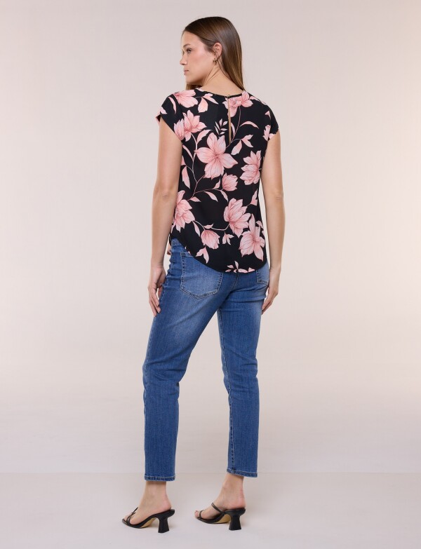 Blusa De Gasa Manga Corta Con Bolsillo Frontal NEGRO/ROSA