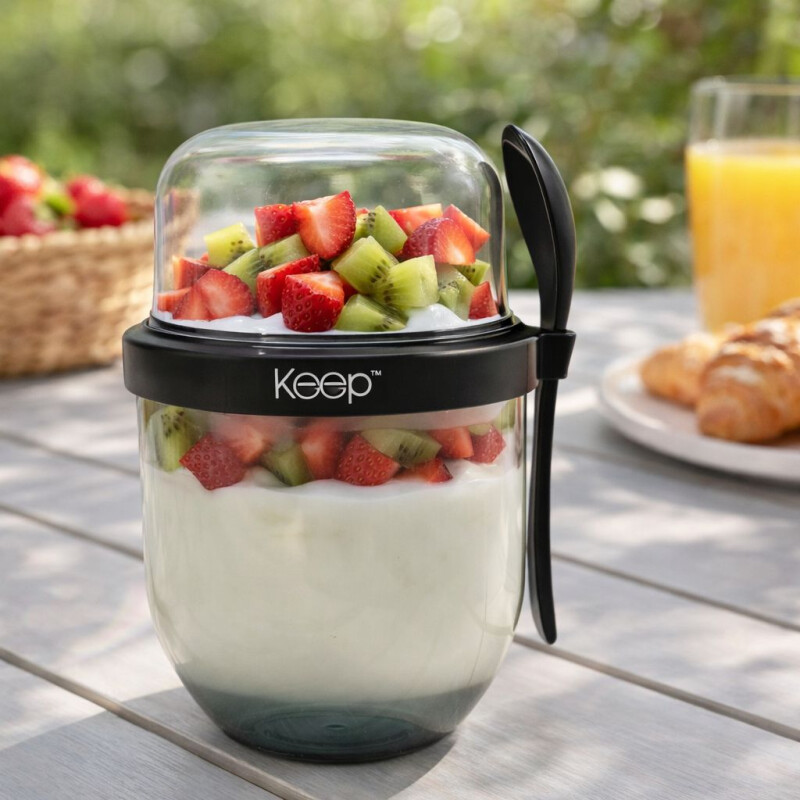 Tupper para Yogur y Snack con Doble Compartimento y Cuchara Negro