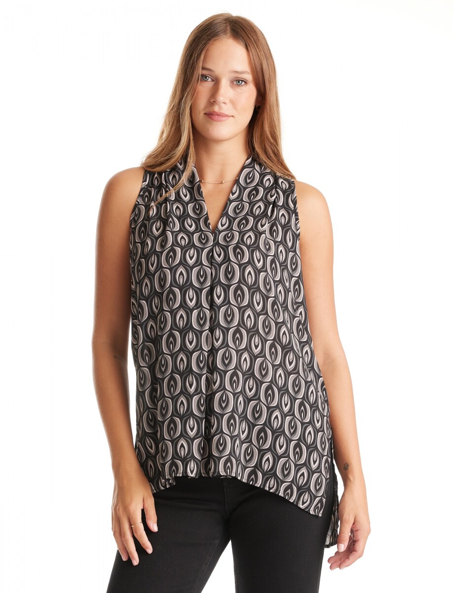 Blusa Escote En V & Ruedo Asimétrico - Multi/negro 