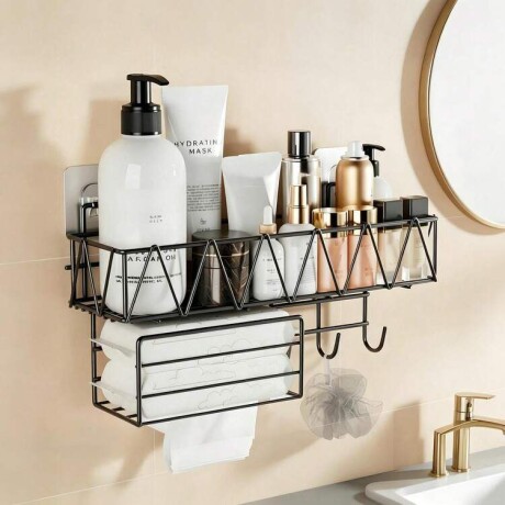 Organizador de Baño de Pared con Estante y Ganchos - NEGRO Organizador de Baño de Pared con Estante y Ganchos - NEGRO