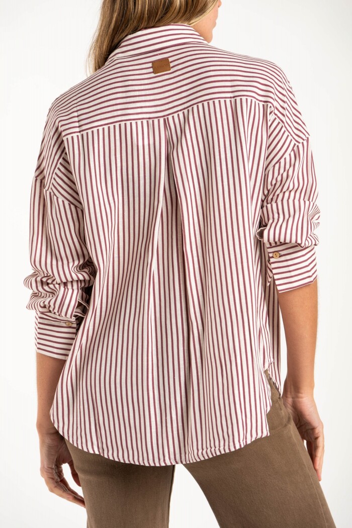 Camisa Rayada Con Lino Burdeos