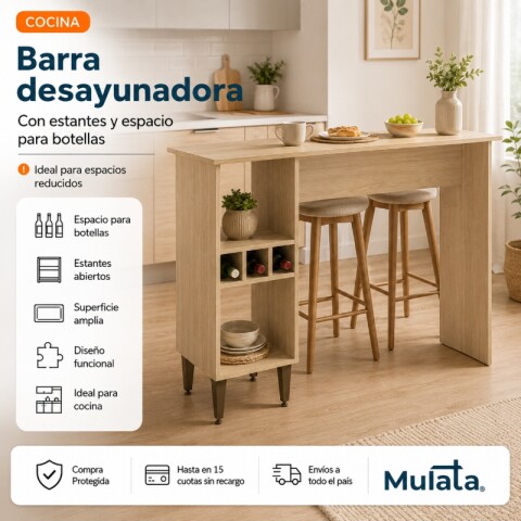 Barra desayunadora con estantes y espacio para botellas 136x45x93cm Barra desayunadora con estantes y espacio para botellas 136x45x93cm