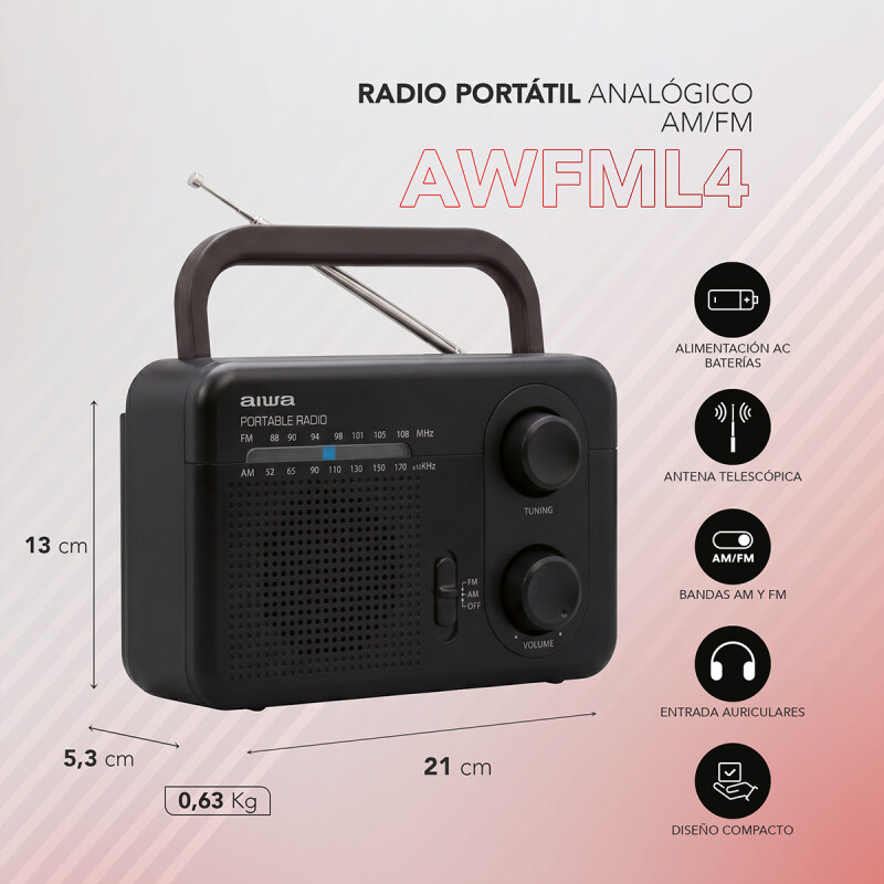 Radio Portátil Analógico AIWA AM/FM | AW-FML4 Radio Portátil Analógico AIWA AM/FM | AW-FML4