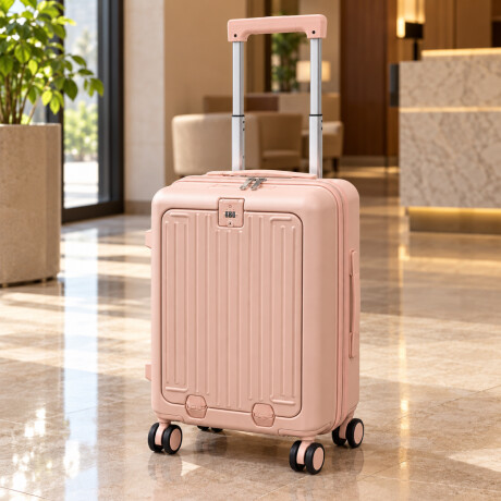 Valija carry on con bolsillo delantero y porta botella Rosado
