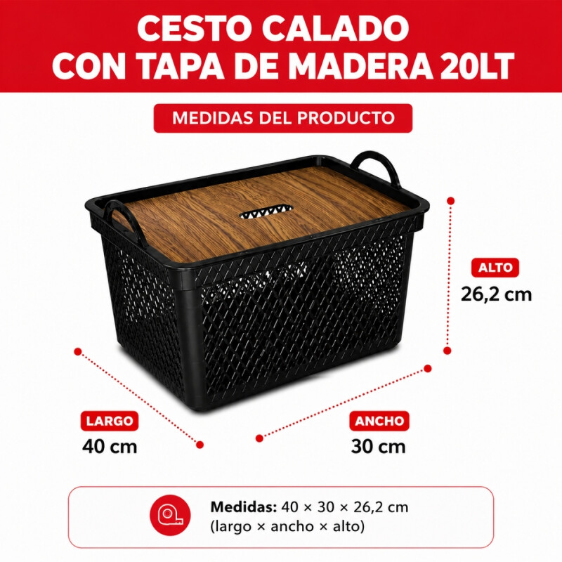 Caja con tapa simil madera 20 Lts NEGRO