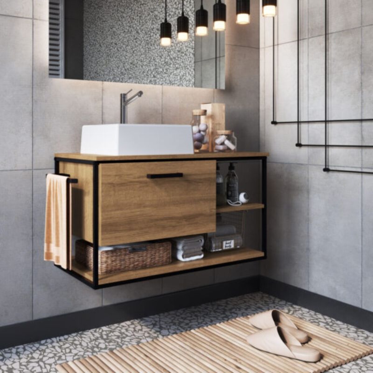 MUEBLE DE BAÑO SUSPENDIDO 80 CM S/BACHA - MIEL/NEGRO 