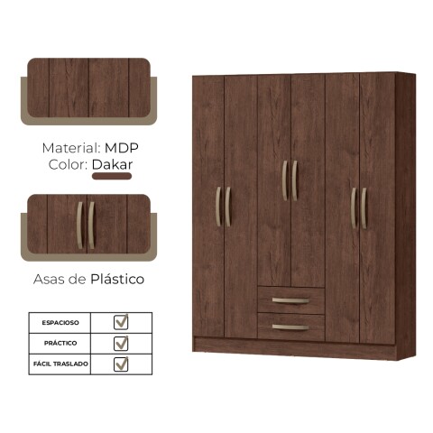 Ropero 6 puertas 2 cajones con estantes y perchero interior natural 172X136X35 - DAKAR Ropero 6 puertas 2 cajones con estantes y perchero interior natural 172X136X35 - DAKAR