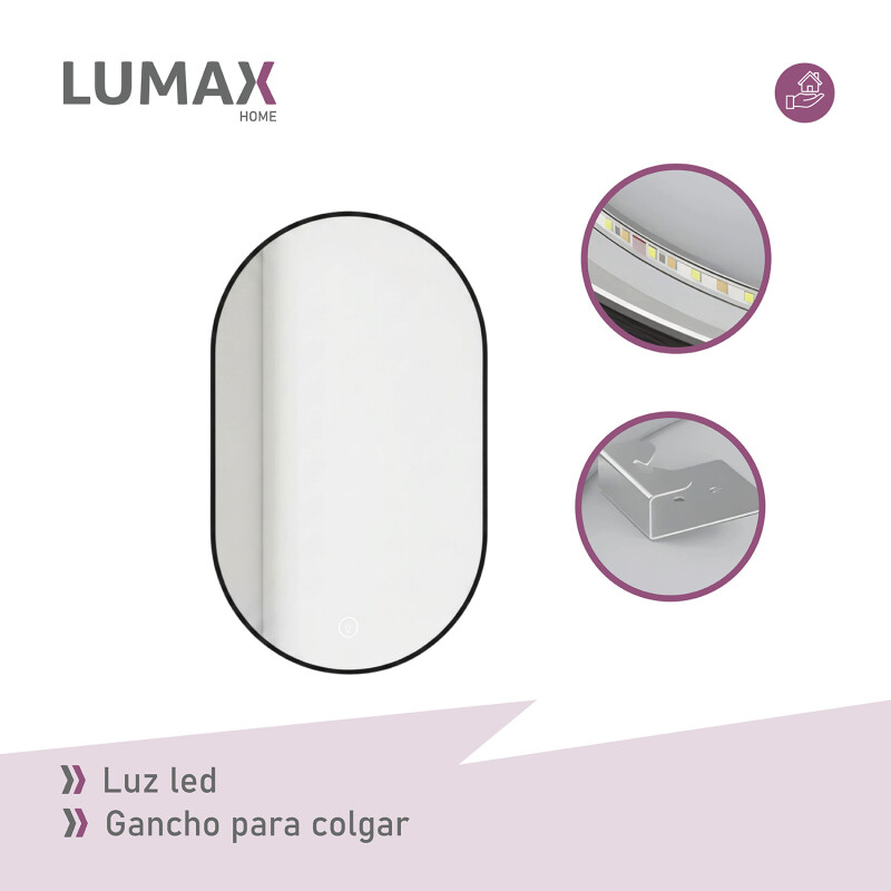 Espejo Vertical Lumax Moddy Marco Ovalado y Luz Led 50x70cm Negro