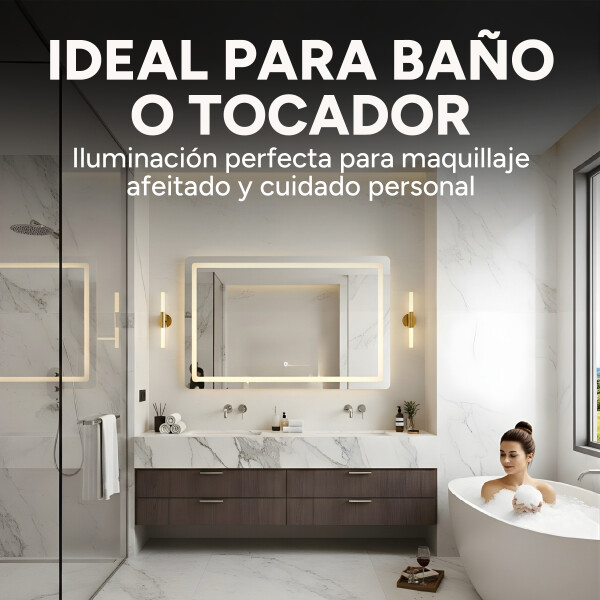 Espejo Rectangular Baño Táctil 3 Modos Retroiluminado 90X70 Rectangular