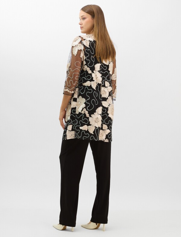 Conjunto 3 Piezas Palazzo Y Túnica De Tul Bordada NEGRO/BEIGE