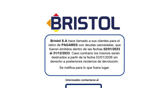 Bristol S.A hace llamado a sus clientes para el retiro de PAGARES