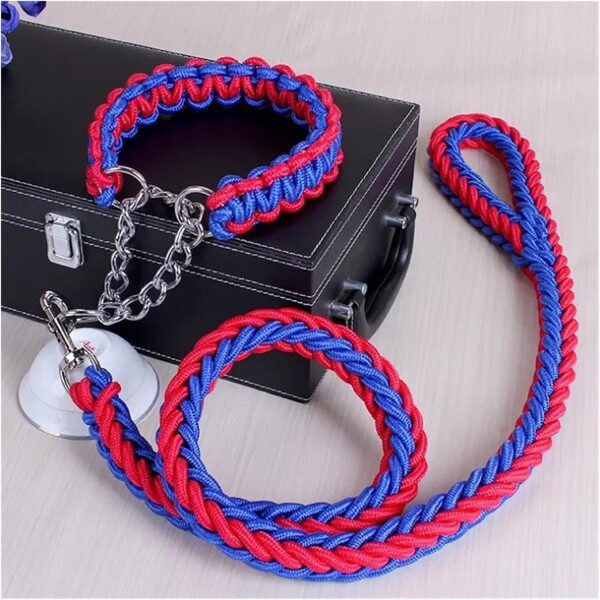 Set Correa Trenzada Collar Semi Ahorque Perros Cuerda Color Variante Rojo Azul