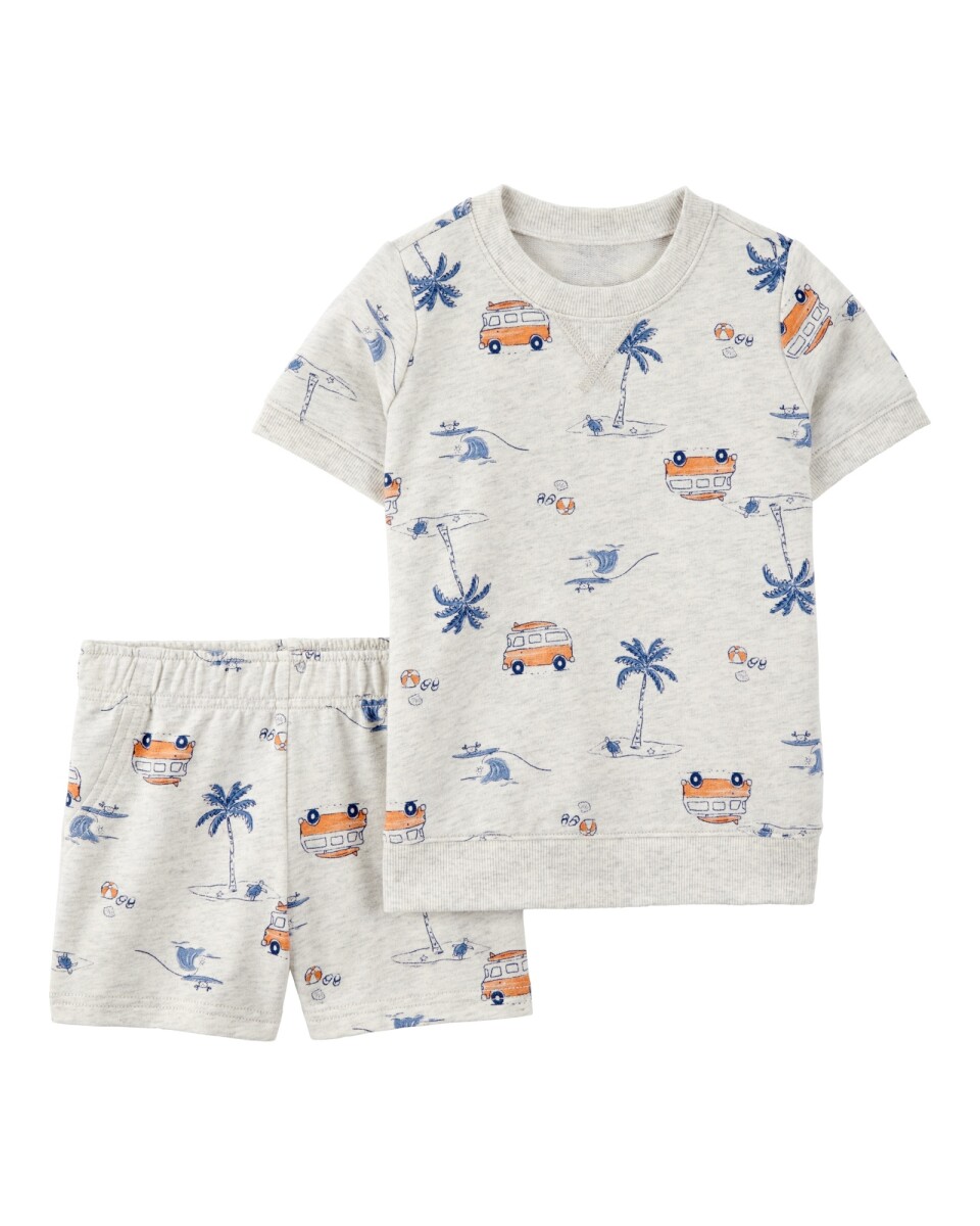 Set dos piezas de algodón, short y remera, diseño playa 