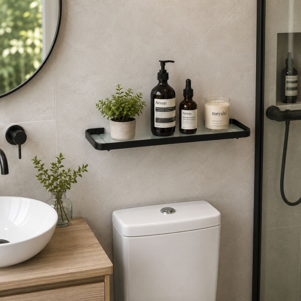 ESTANTE DE BAÑO EN VIDRIO 11 X 38 CM NEGRO MATE Estante De Baño En Vidrio 11 X 38 Cm Negro Mate