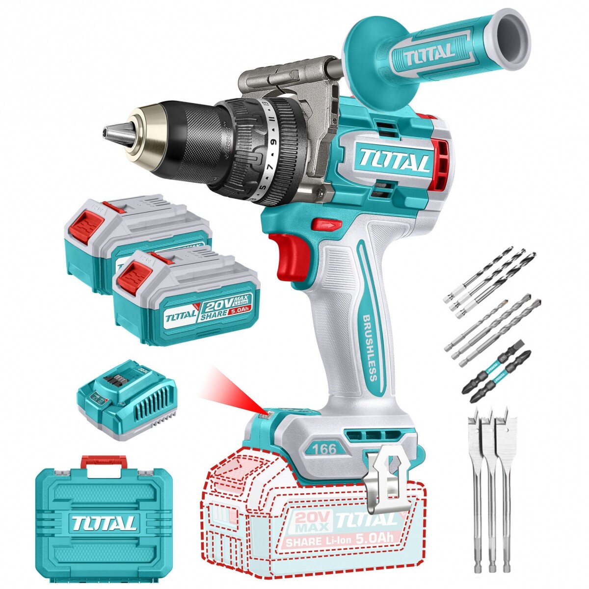 Taladro Percutor Y Atornillador 20v 166Nm - Doble Batería, Cargador Y Maletín - Sin Carbones 