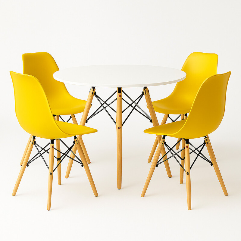 Juego de comedor Con Mesa Circular de 80cm + 4 Sillas Eames Amarillo/Blanco