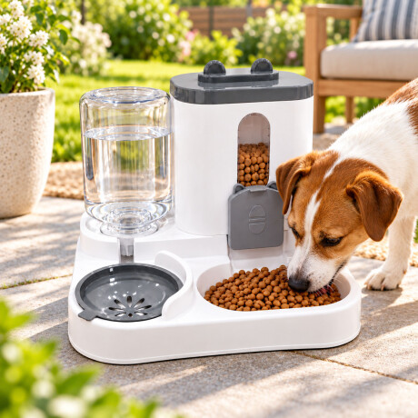 Plato Bebedero Dispensador 2En1 Alimento Agua 0,8L Mascotas Gris