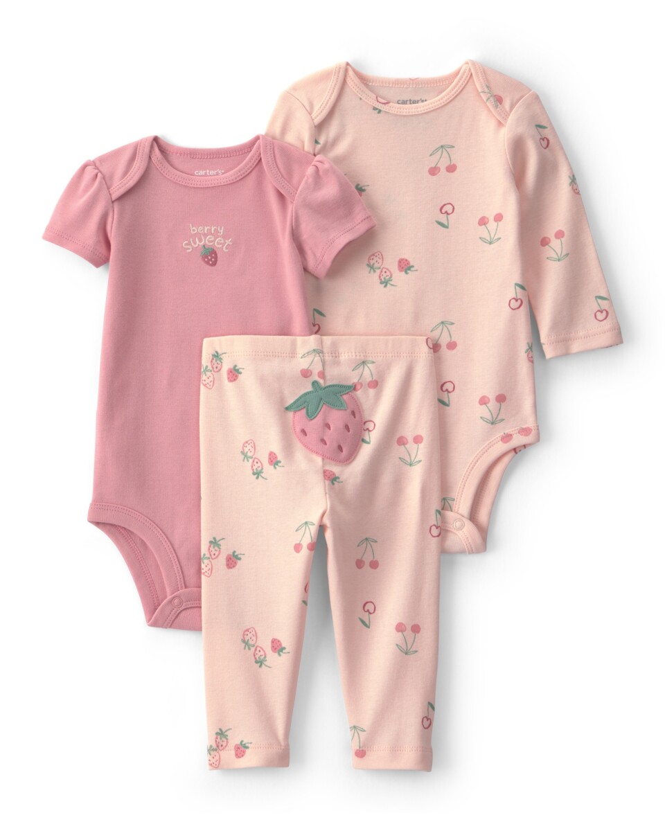 Set tres piezas de algodón, pantalón y bodies, rosado, diseño frutillas 