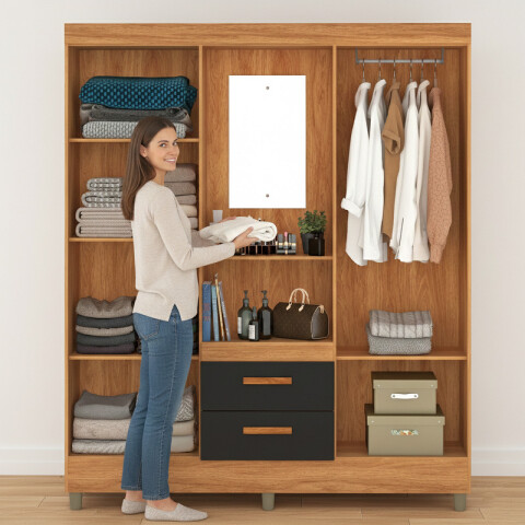 Ropero Vetro 4 Puertas 2 Cajones con Espejo, Perchero y Tocador 150cm MDP - Cinamomo Negro Ropero Vetro 4 Puertas 2 Cajones con Espejo, Perchero y Tocador 150cm MDP - Cinamomo Negro