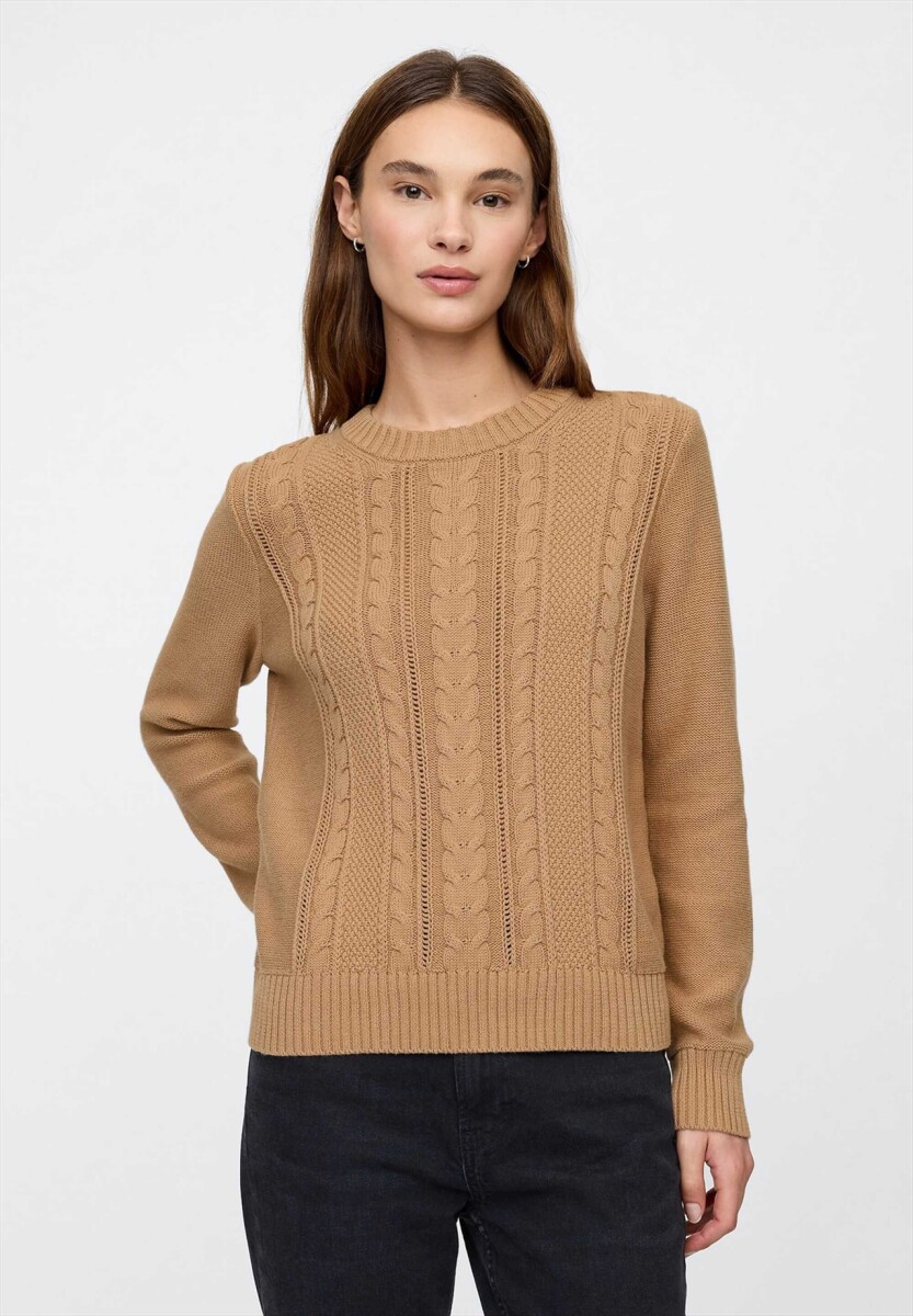 Buzo Cuello Redondo Cable Mujer - Camel Hair 