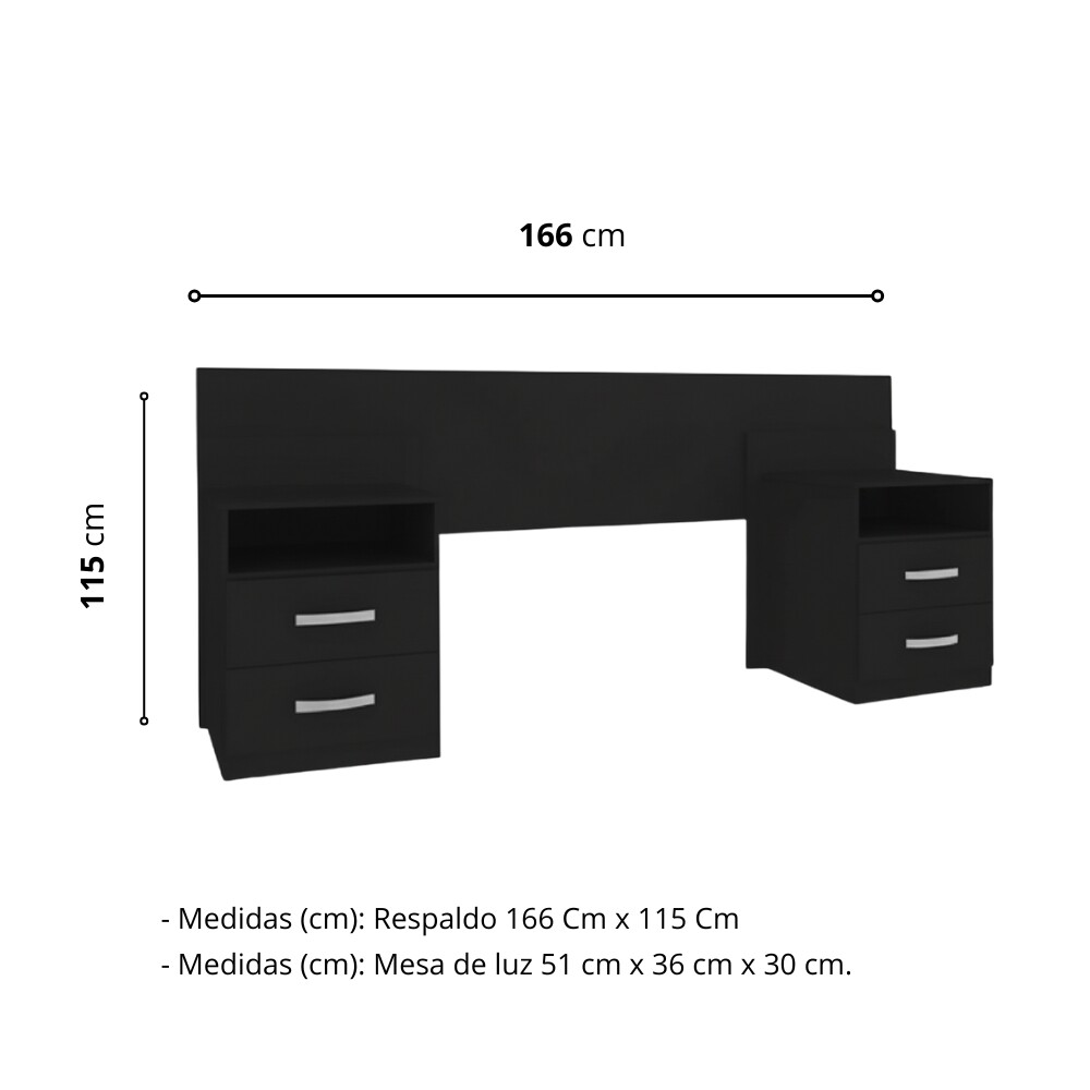 RESPALDO CABECERA CON 2 MESAS DE LUZ DE 2 CAJONES NEGRO