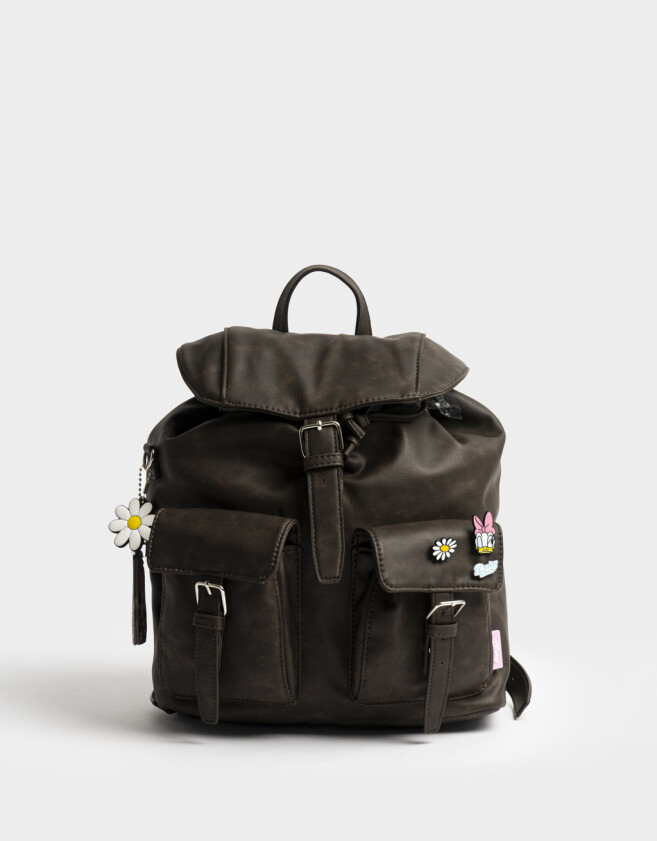 Mochilas Urbanas Ochila De Cuerina Daisy Negra Con Llavero - Marron Oscuro