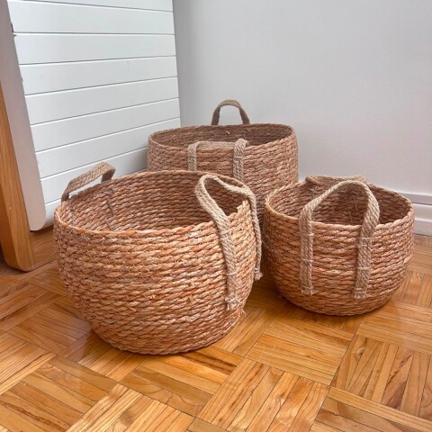 HN03 Set X3 Canastos De Ratan Con Asas 22x17 / 25x20 / 30x25 - Tono Marron