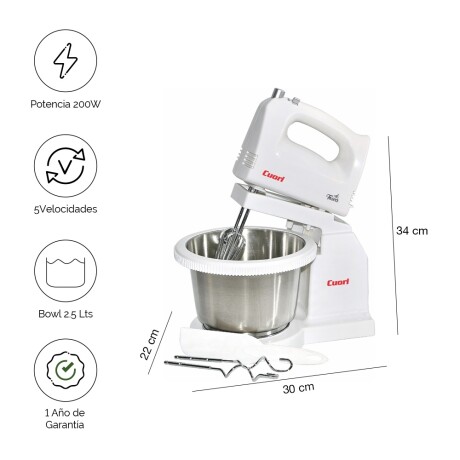 Batidora Amasadora Bowl Giratorio 2.5L 200W 5Vel Cuori Tosca Blanco
