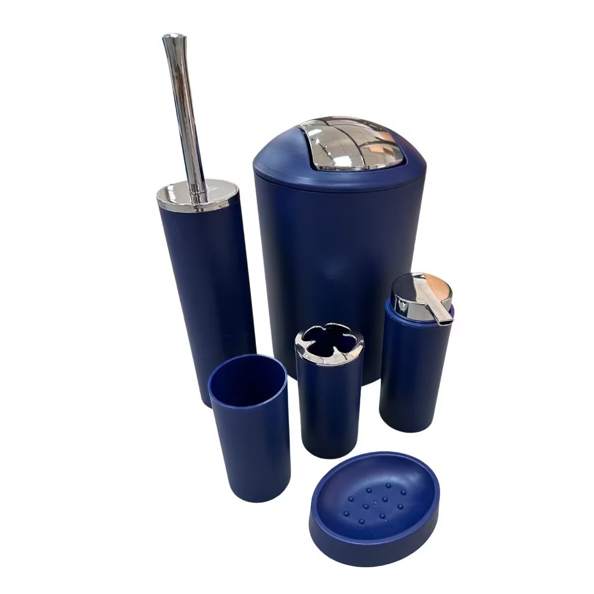 Set De Baño 6 Pz Azul Y Cromo (papelera-dispensadores) 