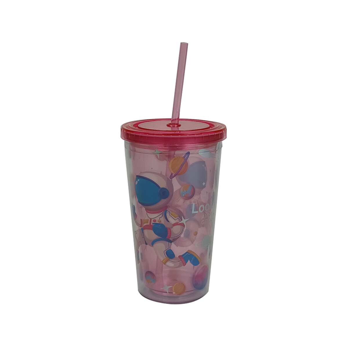 Vaso Infantil Con Sorbito Y Tapa Astronauta - Rosado 