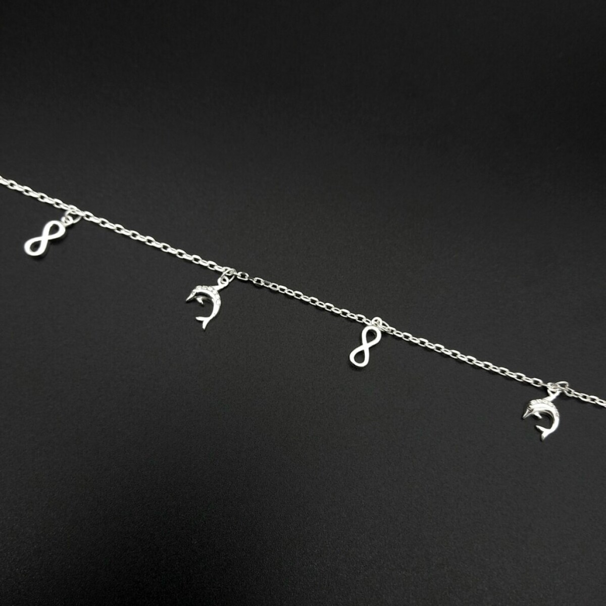 Tobillera de Plata 925 con Delfines y infinito - Largo 25 cm 