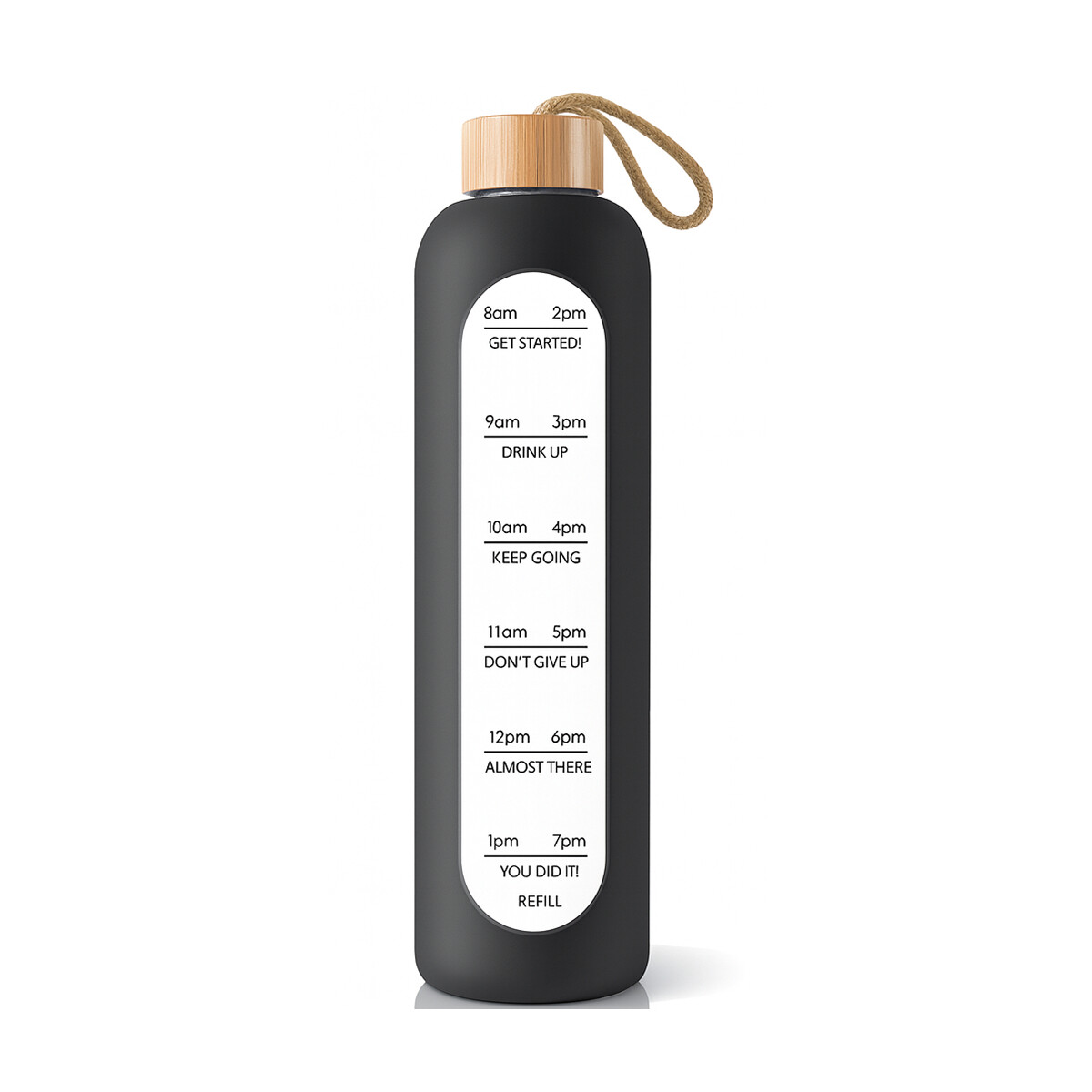 Botella de vidrio con funda de silicona y tapa de bambú con frases motivacionales - Negro 