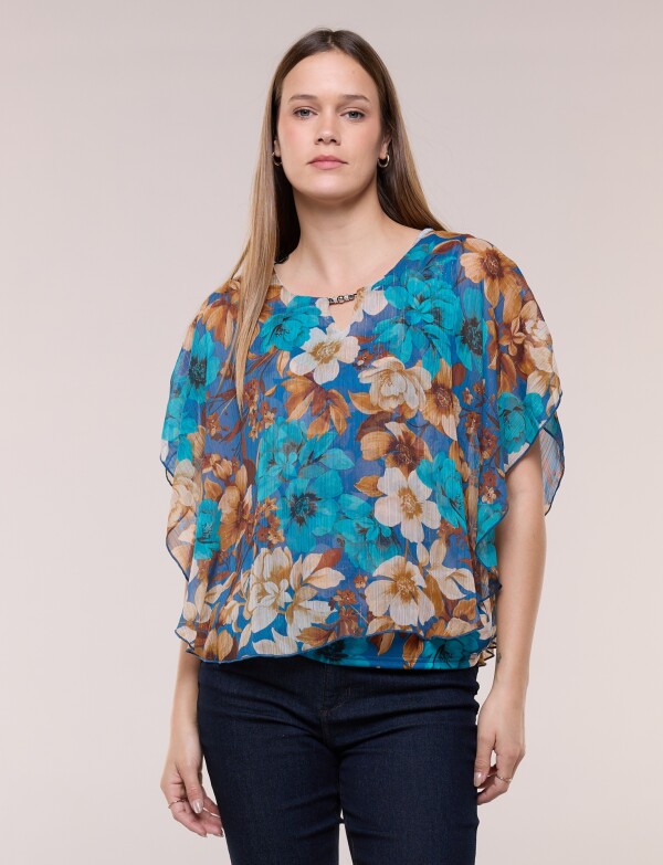 Blusa Gasa Estampada Floral Con Lúrex AZUL/MULTI