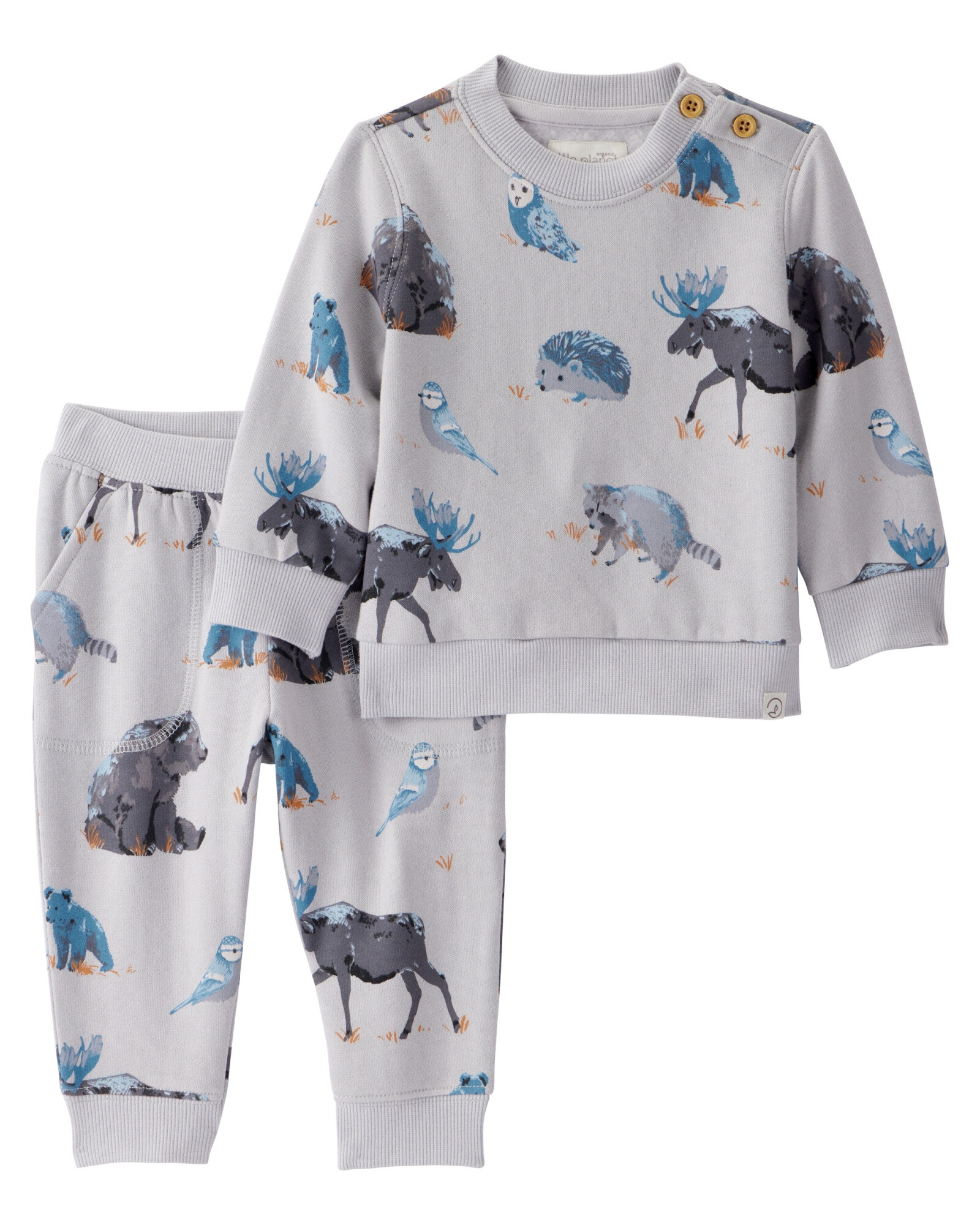 Set dos piezas de algodón orgánico afelpado, pantalón y buzo, diseño bosque Sin color