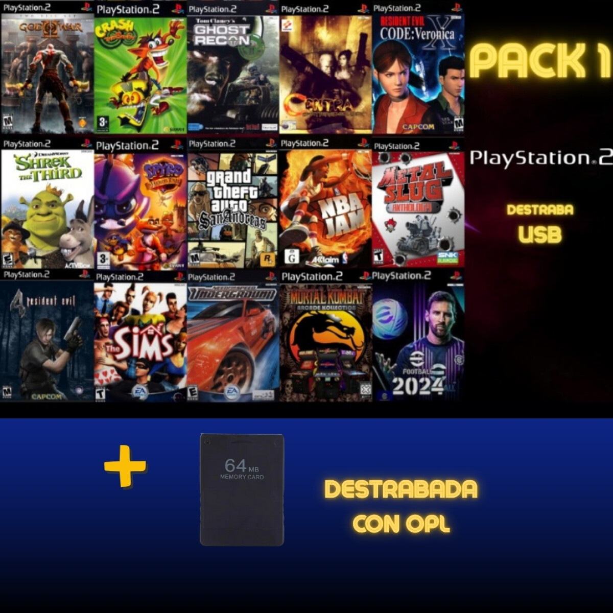JUEGOS PACK Playstation 2 PS2 USB + MEMORY CARD DESTRABADA 