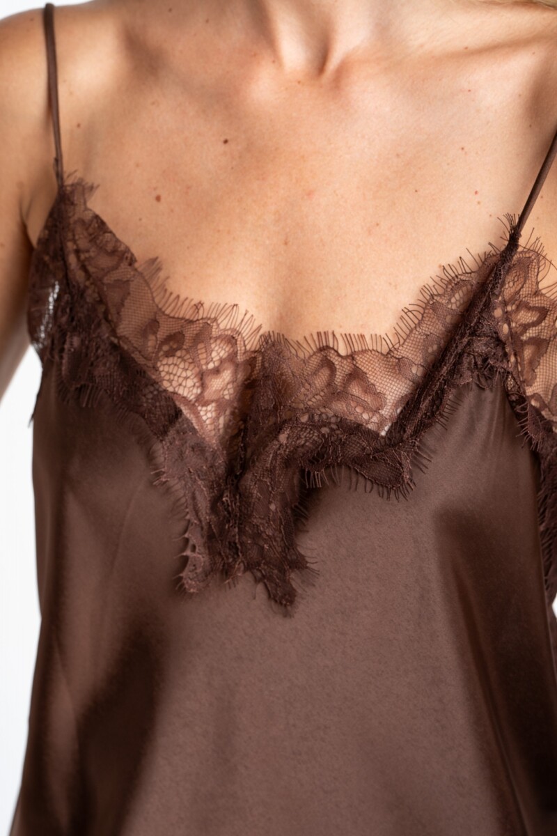 Vestido Midi Satinado Con Encaje Chocolate