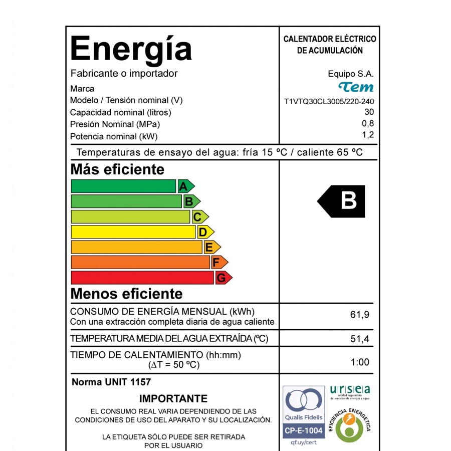 Calefón de acero de 30 lts TEM T1VTQ30CL3005 Calefón de acero de 30 lts TEM T1VTQ30CL3005