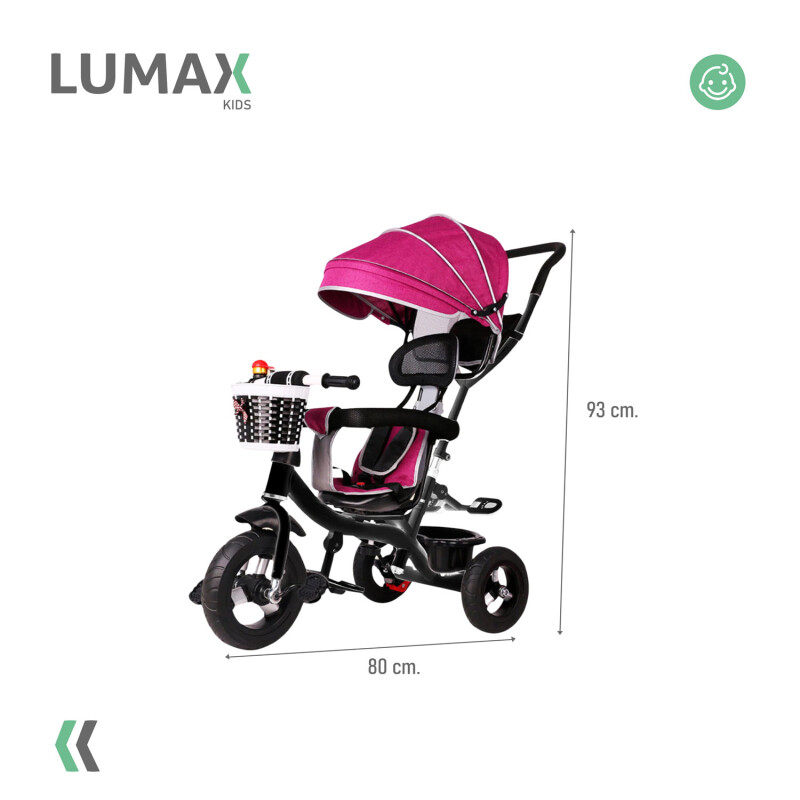 Coche Triciclo a Pedal C/Guía y Capota giratorio 360 Rosado