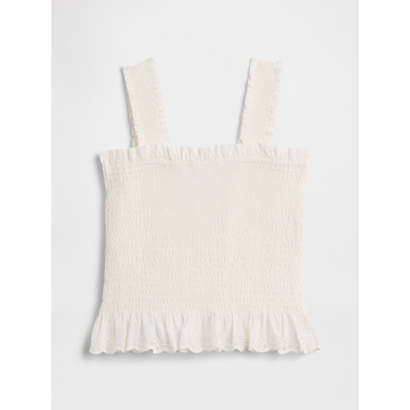 V-SMOCKED WOVEN TOP EYELET WHITE