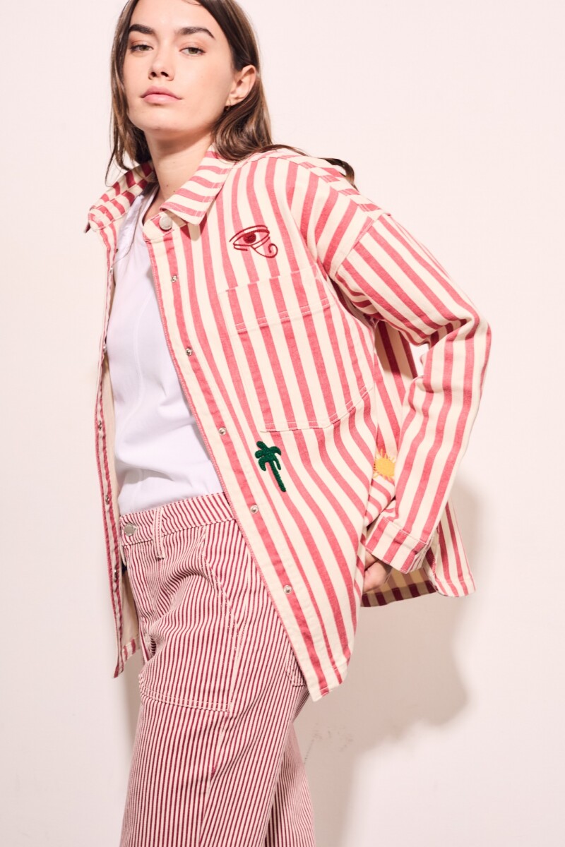 Sobrecamisa Rayas Y Bordado Rojo