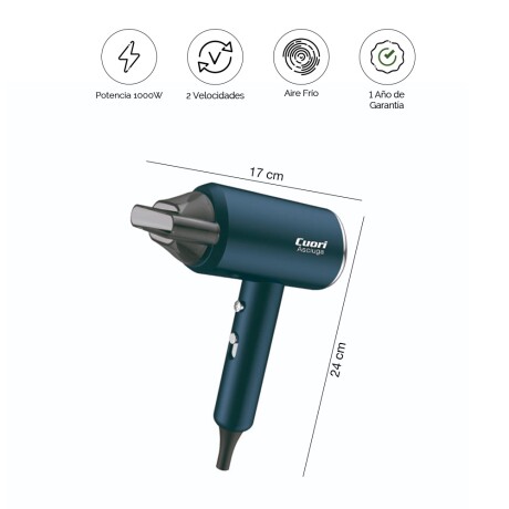 Secador Pelo c/2 Velocidades y Aire Frío 1600W Cuori Asciuga Azul Petróleo