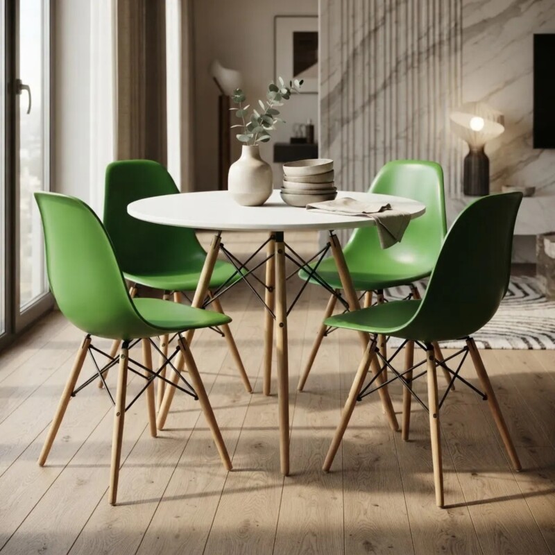 Juego de comedor Con Mesa Circular de 80cm + 4 Sillas Eames Verde/Blanco