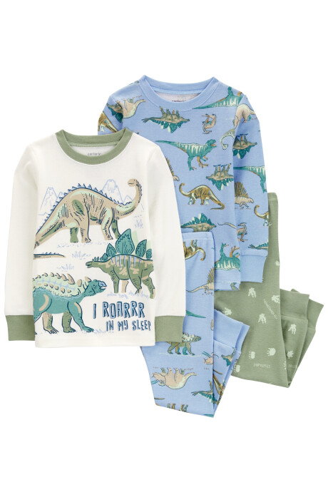 Pijama cuatro piezas de algodón, dos pantalones y dos remeras, tonos verdes y azules, diseño dinos. Talles 2-5T Sin color