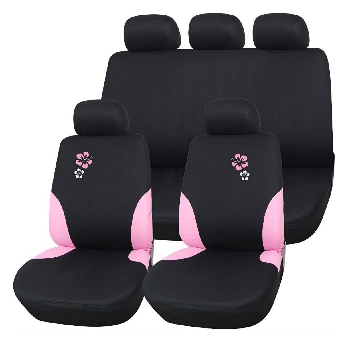 Cubreasiento Universal Para Auto Negro Con Detalles Y Flores En Color Rosa 
