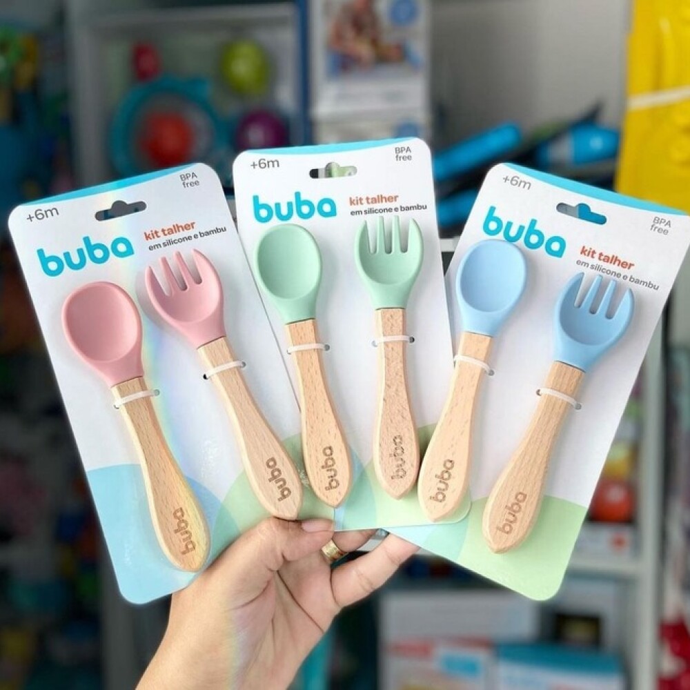Set cubiertos silicona bambu BUBA rosa