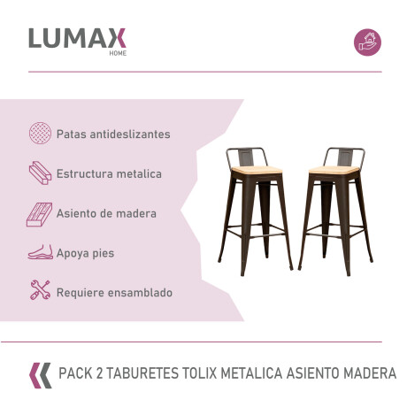 Pack 2 Taburetes Tolix con Respaldo y Asiento de Madera Lumax Negra