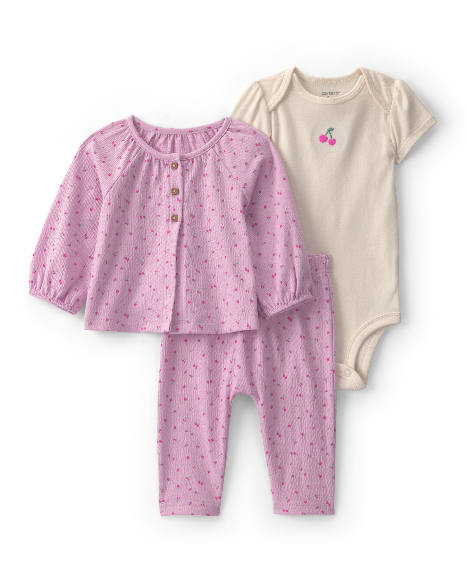 Set tres piezas, pantalón y saco de jersey arrugado, más body de algodón, rosado y crema, diseño cerezas Sin color