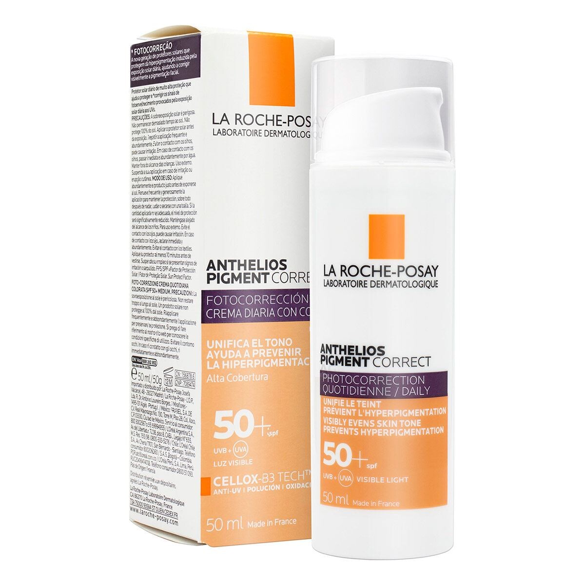 La Roche-Posay Protector Solar Anthelios Pigment Correct con Color Tono Medio SPF50 50ml – Protección y Corrección de Manchas 
